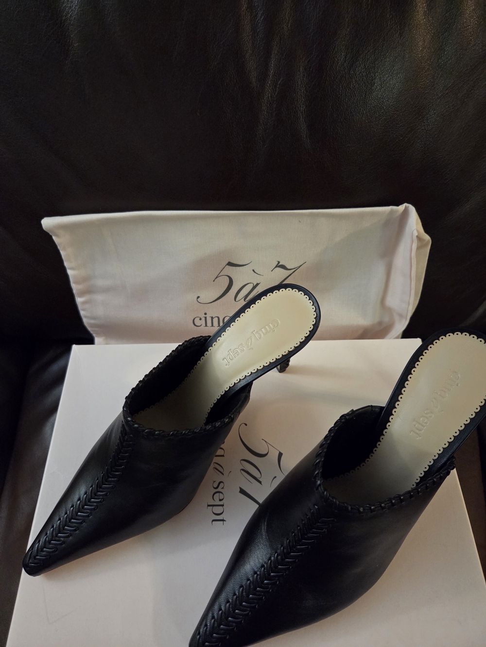 cinq a sept Black Braided Leather Pointed Mule Heels